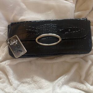 Bellini Black Croc-Embossed Clutch with Silver Oval Hardware